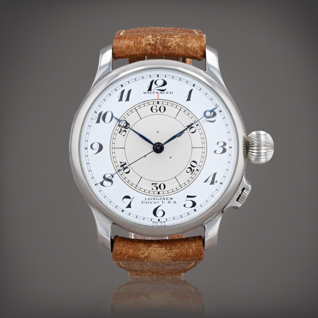 View full screen - View 1 of Lot 443. Weems, reference 4356 Montre bracelet oversize d'aviateur en acier avec seconde centrale | Oversized stainless steel Aviator’s wristwatch with center seconds Vers 1948 | Circa 1948.