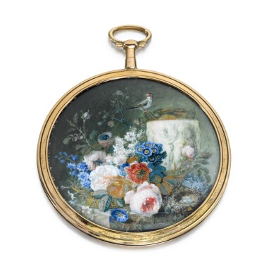 View full screen - View 1 of Lot 46. A gold-mounted miniature of a still life painted on ivory, Gerard van Spaendonck, Paris, circa 1785.