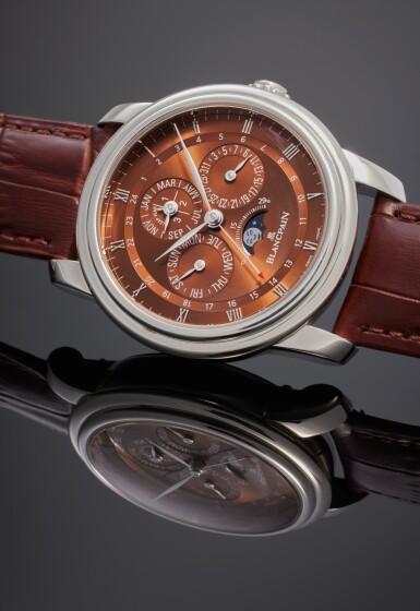 View full screen - View 1 of Lot 82. Reference 4277-3446 55B Le Brassus Quantieme GMT Havana | A limited edition platinum automatic dual time zone perpetual calendar wristwatch with moon phases and leap year indication, Circa 2007.
