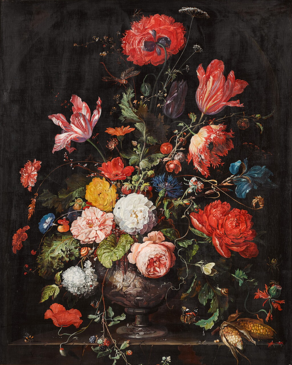 View full screen - View 1 of Lot 41. AFTER ABRAHAM MIGNON | STILL LIFE WITH CARNATIONS, TULIPS AND OTHER FLOWERS IN A SCULPTED VASE, WITH CORNCOBS AND INSECTS AND BUTTERFLIES, ALL IN A STONE NICHE.