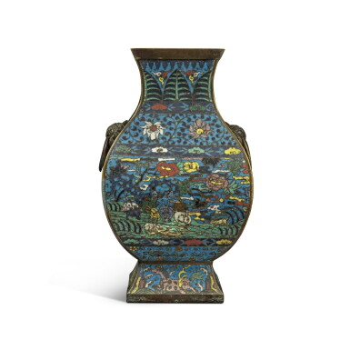 View full screen - View 1 of Lot 699. A cloisonné enamel hu-form vase, 16th / 17th century | 十六 / 十七世紀 銅胎掐絲琺瑯花鳥瑞兔紋方壺.