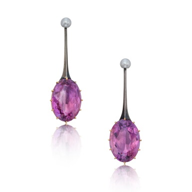 View full screen - View 1 of Lot 417. Pair of Amethyst and Cultured Pearl Earrings.
