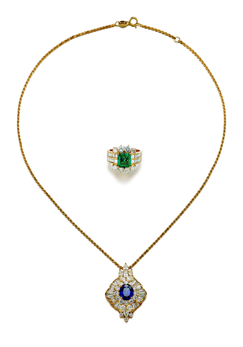 View full screen - View 1 of Lot 9189. EMERALD AND DIAMOND RING; AND SAPPHIRE AND DIAMOND PENDENT NECKLACE | 祖母綠 配 鑽石 戒指; 及 藍寶石 配 鑽石 項鏈.