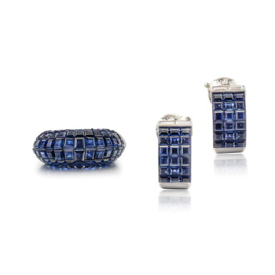 View full screen - View 1 of Lot 1727. ‘Mystery-Set’ Sapphire and Diamond Demi-Parure | 梵克雅寶 | 'Mystery-Set' 藍寶石 配 鑽石 耳環 及 戒指套裝.