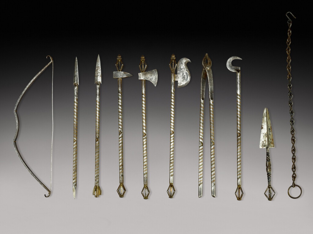 View full screen - View 1 of Lot 244. An assortment of steel implements with a box and chain, Himalayan region, 19th century.