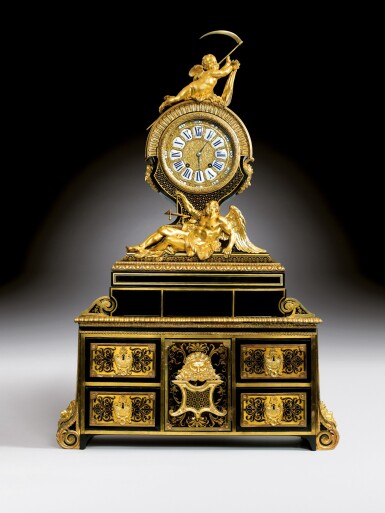 View full screen - View 1 of Lot 21. A Louis XIV gilt-bronze, ebony and Boulle marquetry clock and cartonnier, attributed to André-Charles Boulle, circa 1710-1720, stamped 'A. DELORME' | Pendule et cartonnier en placage d'ébène, marqueterie d'écaille brune, laiton et bronze doré d'époque Louis XIV, attribuée à André-Charles Boulle, vers 1710-1720, estampillée "A. DELORME".