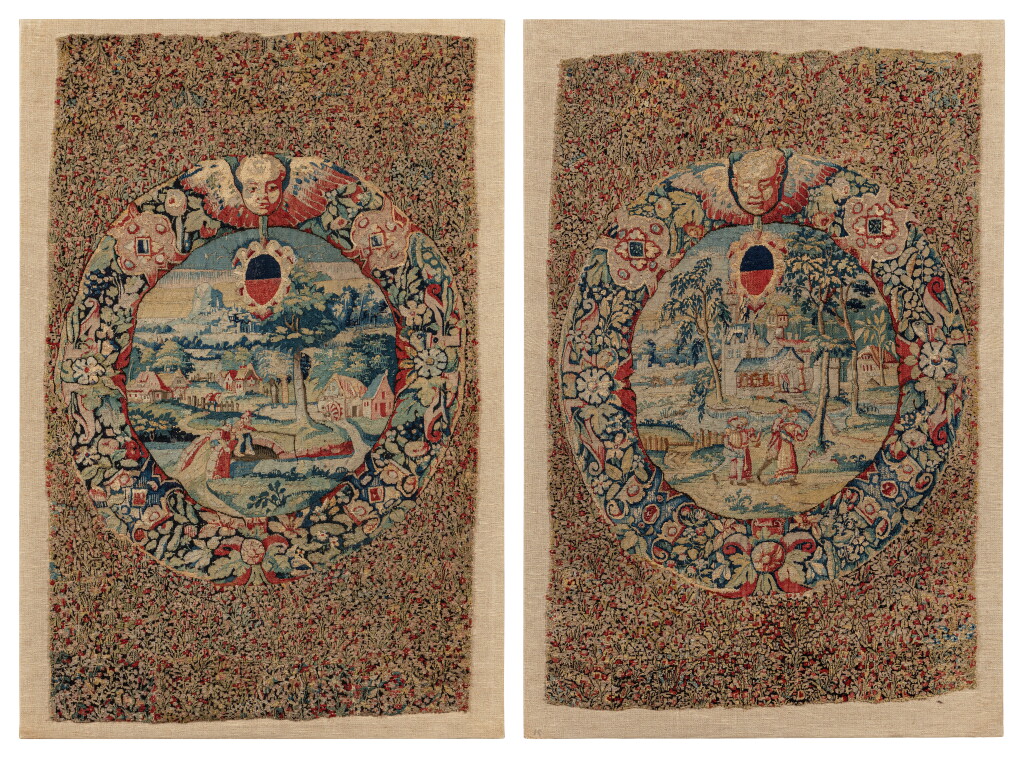 View full screen - View 1 of Lot 24. Two fragments of millefleurs tapestry, Bruges, circa 1550 | Deux fragments de tapisserie millefleurs, Bruges, vers 1550.