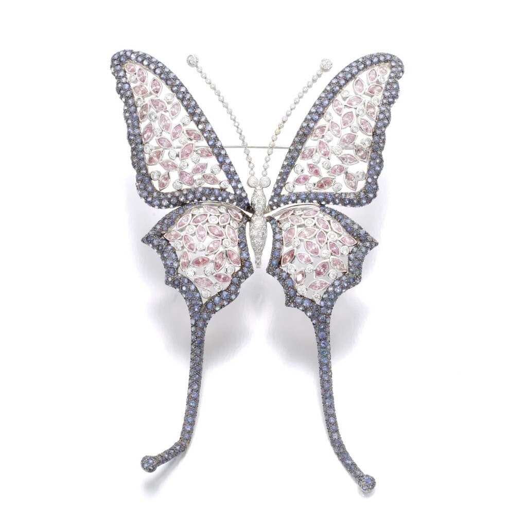 View full screen - View 1 of Lot 409. CHOPARD I COLOURED DIAMOND AND SAPPHIRE BROOCH FROM THE ANIMAL WORLD COLLECTION.