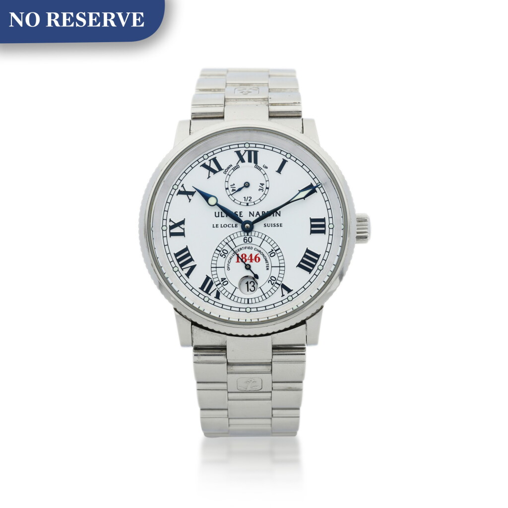 View full screen - View 1 of Lot 806. ULYSSE NARDIN | REFERENCE 263-22 MAXI MARINE CHRONOMETER A STAINLESS STEEL AUTOMATIC WRISTWATCH WITH POWER RESERVE, DATE, AND BRACELET, CIRCA 2010.