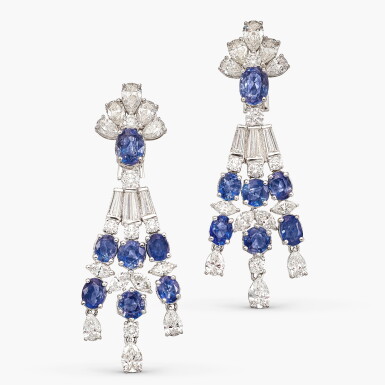 View full screen - View 1 of Lot 1384. Pair of Sapphire and Diamond Pendent Earrings | 藍寶石 配 鑽石 耳墜一對.