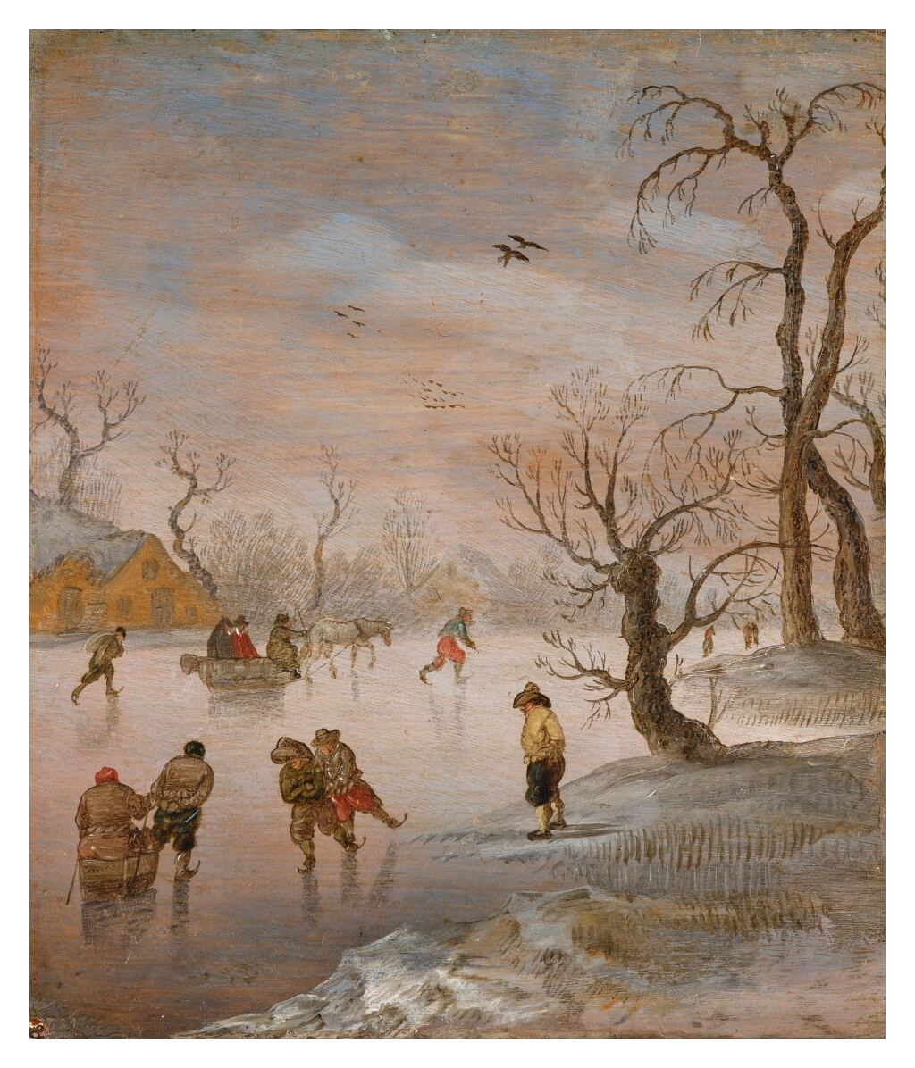 View full screen - View 1 of Lot 120. Skaters and a Horse-Drawn Sledge on a Frozen Waterway.