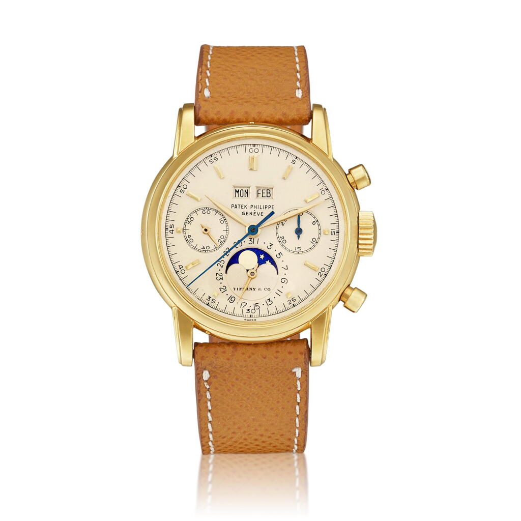 View full screen - View 1 of Lot 2264. Reference 2499 "Third series" | A yellow gold perpetual calendar chronograph wristwatch with moon phases, Retailed by Tiffany & Co., Made in 1970 | 百達翡麗 | 型號2499 "Third series" | 黃金萬年曆計時腕錶,備月相顯示,由 Tiffany & Co. 發行,1970年製.