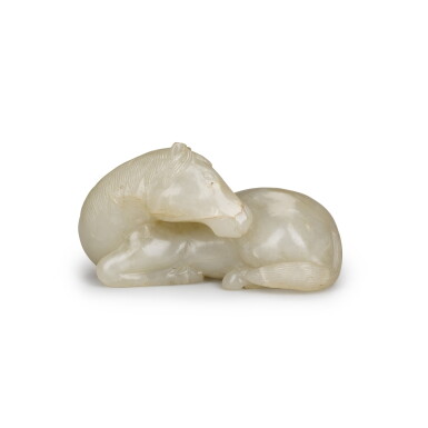 View full screen - View 1 of Lot 57. A pale celadon jade figure of a recumbent horse Late Ming dynasty | 晚明 青玉臥馬.