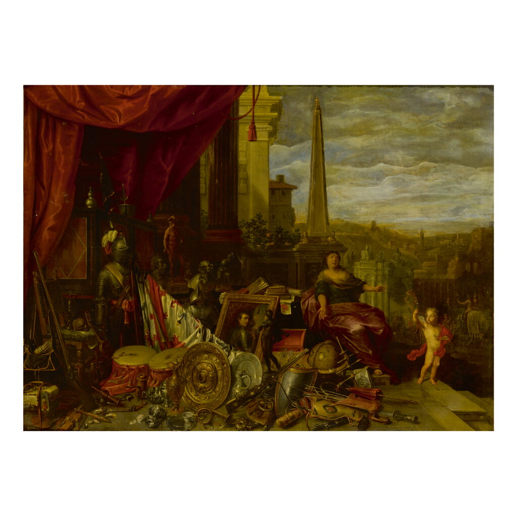 View full screen - View 1 of Lot 29. FLEMISH SCHOOL, LAST QUARTER OF THE SEVENTEENTH CENTURY | AN ALLEGORICAL STILL LIFE OF ARMOR, WEAPONS, INSTRUMENTS, VANITAS SYMBOLS, AND OTHER ELEMENTS AND FIGURES SET UPON A STONE LEDGE WITH AN OBELISK AND A CITY BEYOND .