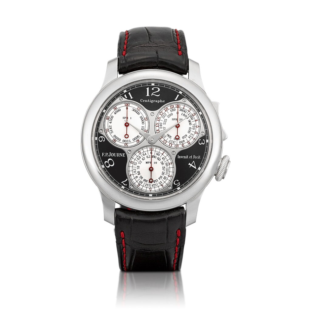 View full screen - View 1 of Lot 2139. Black Label Centigraphe Souverain | A limited edition platinum chronograph wristwatch with 100th of a second, 20 second and 10 minute registers and ergonomic buttons, Circa 2013 | F. P. Journe | Black Label Centigraphe Souverain | 限量版鉑金計時腕錶,備百分一秒、二十秒及十分鐘小錶盤及搖板式按鈕,約2013年製.