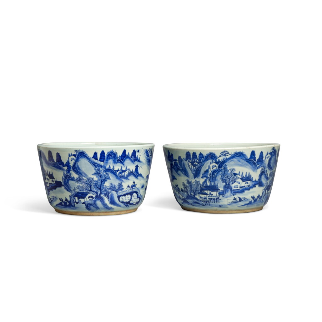 View full screen - View 1 of Lot 1024. A Pair of Chinese Blue and White Porcelain Flower Tubs.