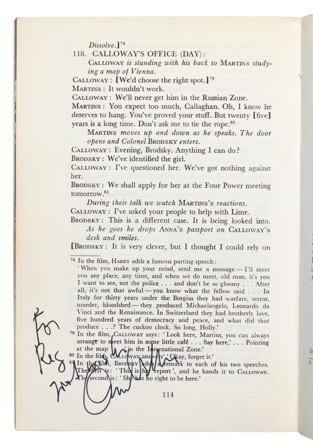 View full screen - View 1 of Lot 40. GREENE--REED | The Third Man, 1969, inscribed by Orson Welles.