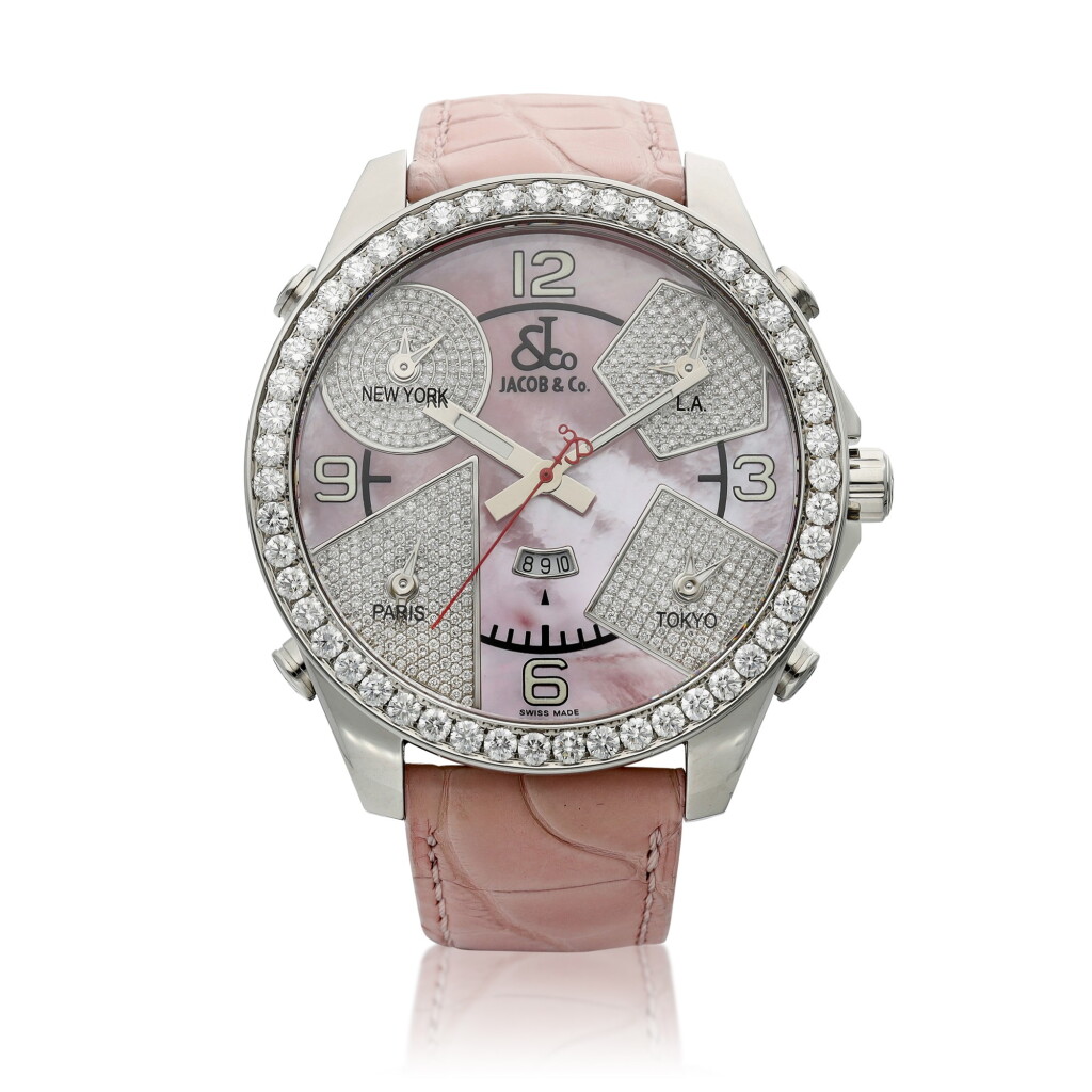 View full screen - View 1 of Lot 8196. The Five Time Zones | A stainless steel and diamond-set quintuple wristwatch with date and mother-of-pearl dial, Circa 2008 | The Five Time Zones | 精鋼鑲鑽石五地時間腕錶,備日期顯示及珠母貝錶盤,約2008年製.