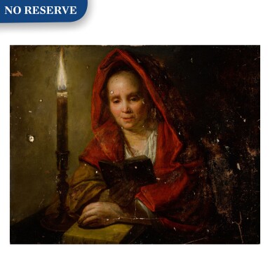 View full screen - View 1 of Lot 71. A woman in a red cloak reading by candlelight.