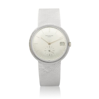 View full screen - View 1 of Lot 8055. Reference 3445 | A white gold bracelet watch with date, Circa 1970 | 百達翡麗 | 型號3445 | 白金鏈帶腕錶,備日期顯示,約1970年製.