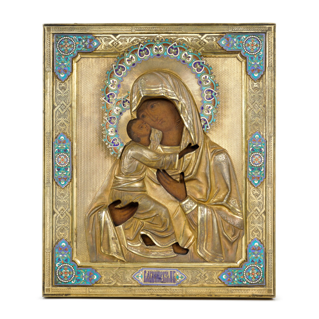 View full screen - View 1 of Lot 128. A silver-gilt, filigree and cloisonné enamel icon of Virgin of Vladimir, Dmitry Smirnov, Moscow, 1899-1908.