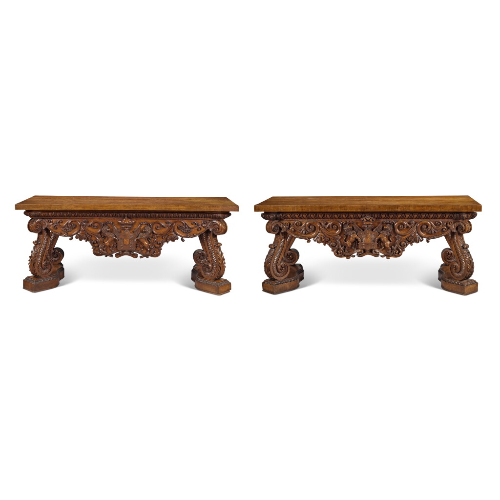 View full screen - View 1 of Lot 203. A Pair of Large Carved Oak Heraldic Console Tables, one George IV by Gillows and the other early Victorian.