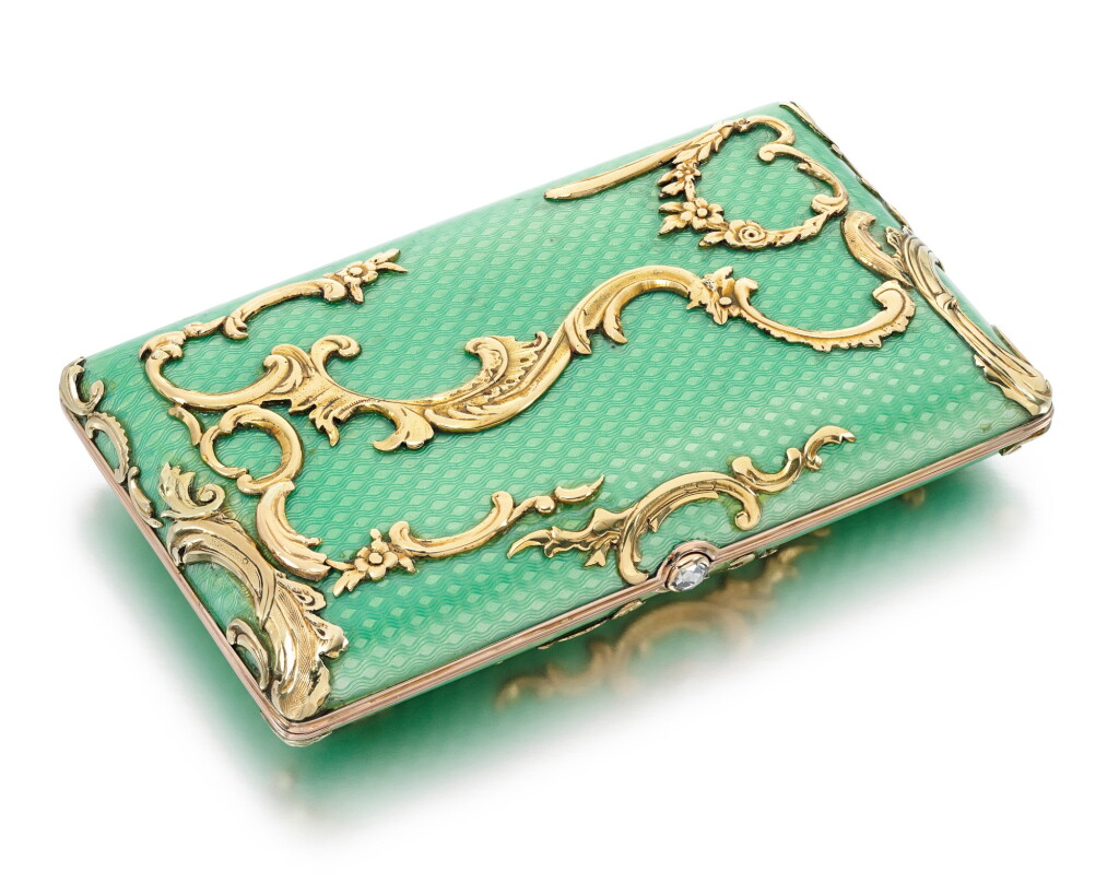 View full screen - View 1 of Lot 22. A FABERGÉ JEWELLED GOLD-MOUNTED SILVER AND GUILLOCHÉ ENAMEL CIGARETTE CASE, WORKMASTER AUGUST HOLLMING, ST PETERSBURG, 1899-1904.