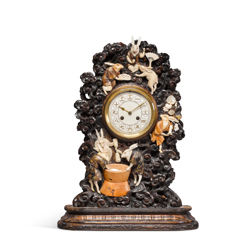 View full screen - View 1 of Lot 177. A Japanese hardwood, ivory, mother of pearl and lacquer mantel clock, Meiji period, late 19th century.
