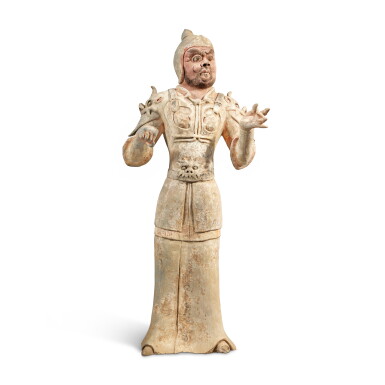 View full screen - View 1 of Lot 965. A large painted pottery figure of a soldier, Tang dynasty | 唐 陶加彩武士俑.