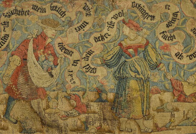 View full screen - View 1 of Lot 219. AN ALLEGORICAL EMBROIDERED FRAGMENT, GERMAN, DATED 1529.