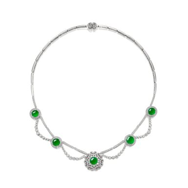 View full screen - View 1 of Lot 1885. Jadeite and Diamond Necklace | 天然翡翠 配 鑽石 項鏈.