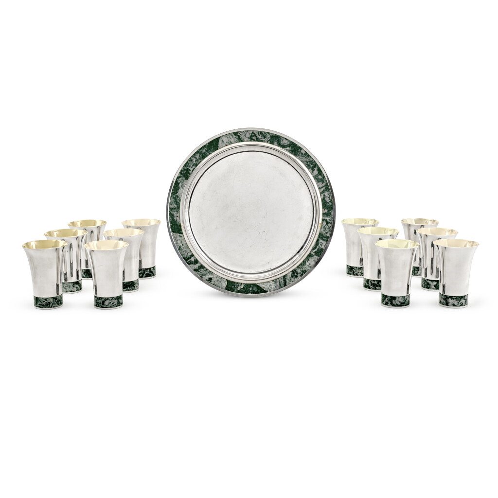 View full screen - View 1 of Lot 254. A set of twelve silver and hardstone beakers and tray, Paul Belvoir, London, 1989/90.