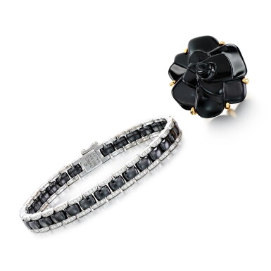 View full screen - View 1 of Lot 114. Black ceramic and diamond bracelet, 'Ultra' and an onyx ring, 'Camélia'.