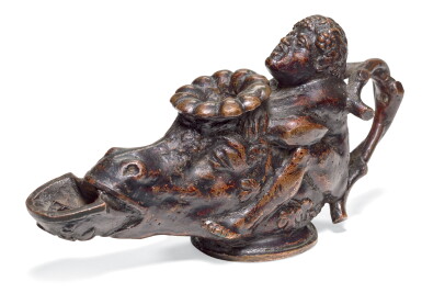 View full screen - View 1 of Lot 55. NORTHERN ITALIAN, PROBABLY PADUA, 16TH CENTURY | OIL LAMP IN THE FORM OF A BOY ASTRIDE AN ASS'S HEAD.