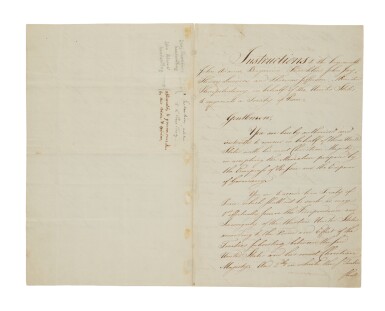 View full screen - View 1 of Lot 1006. The Treaty of Paris | "A True Copy of the congressional instructions to the American peace commissioners, attested by Benjamin Franklin and John Adams.