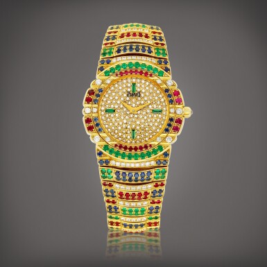 View full screen - View 1 of Lot 2223. Tanagra, Reference 17044 M 403 D | A yellow gold, diamond and multi-coloured gem-set bracelet watch, Circa 1990 | 伯爵 | Tanagra 型號17044 M 403 D | 黃金鑲鑽石及多彩寶石鏈帶腕錶,約1990年製.