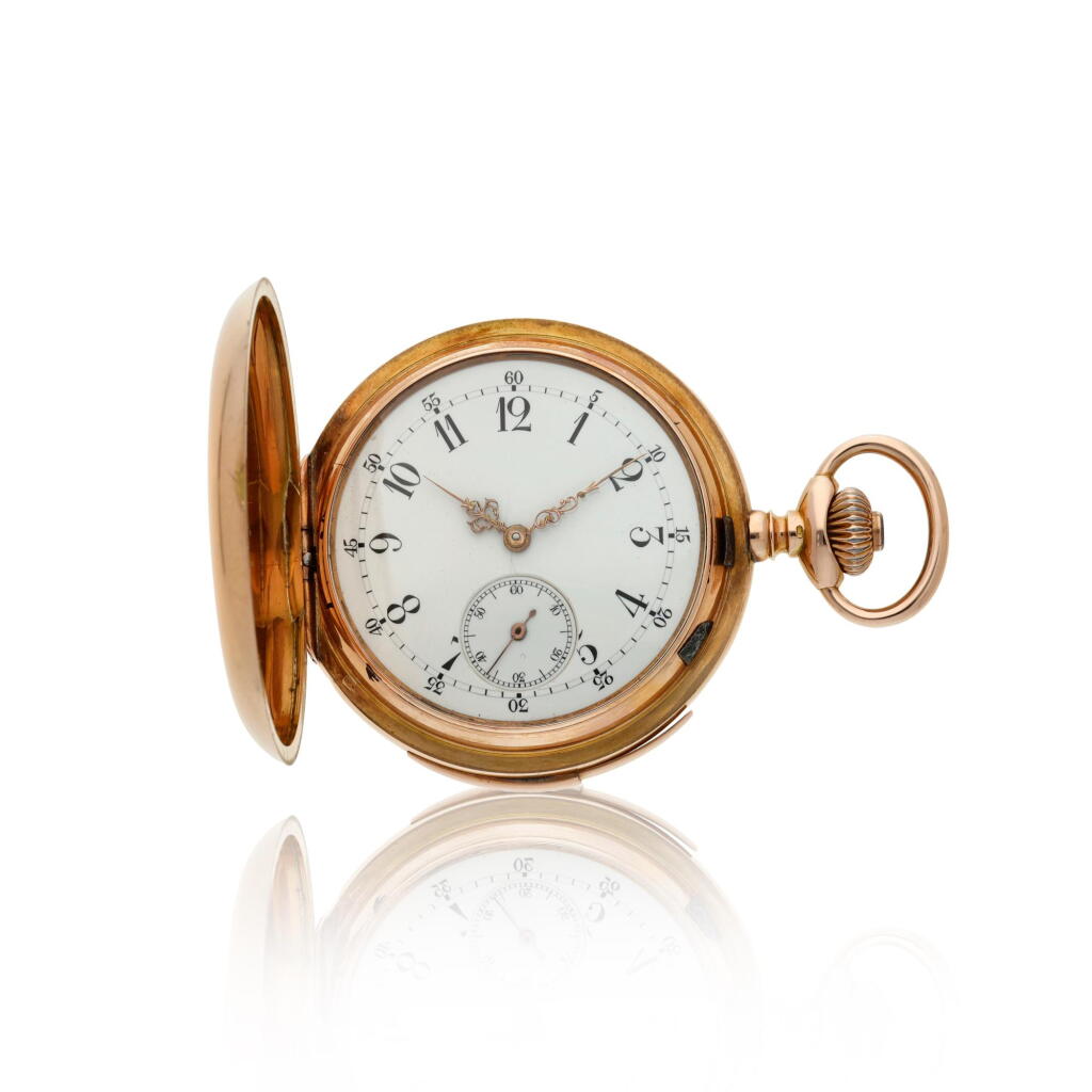 View full screen - View 1 of Lot 197. A large pink gold hunting case minute repeating watch, Circa 1880 .