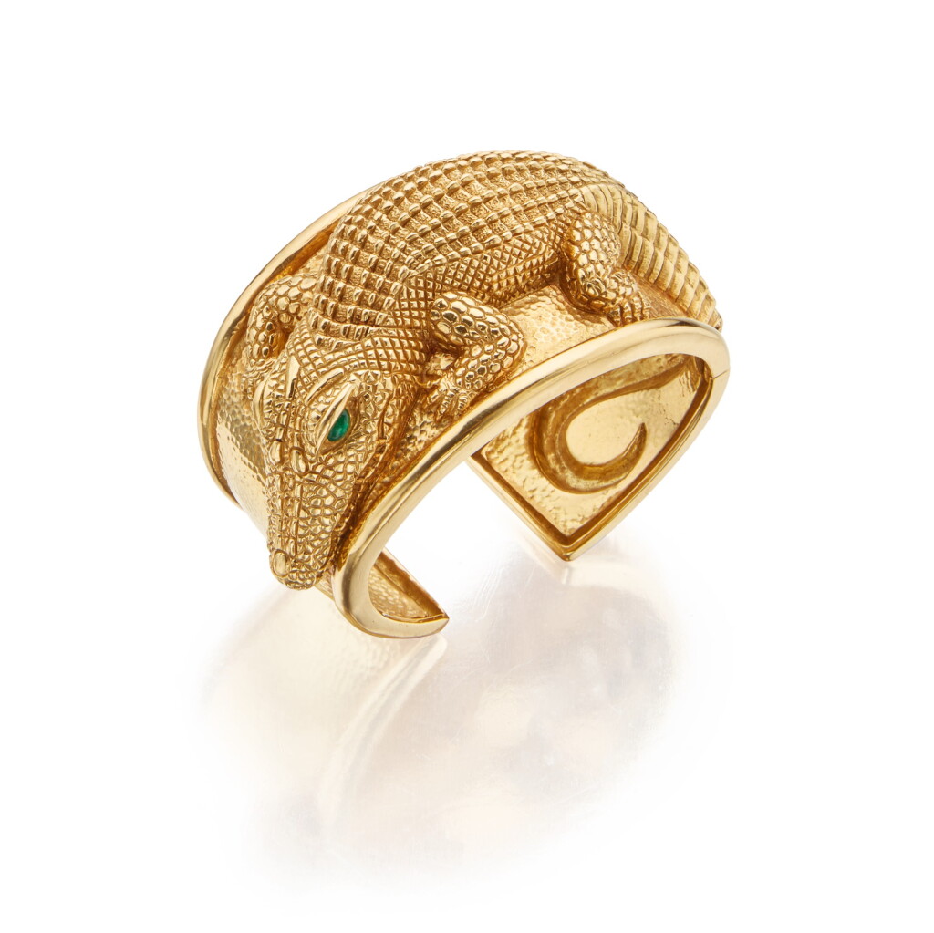 View full screen - View 1 of Lot 449. David Webb | Gold and Emerald Cuff-Bracelet.