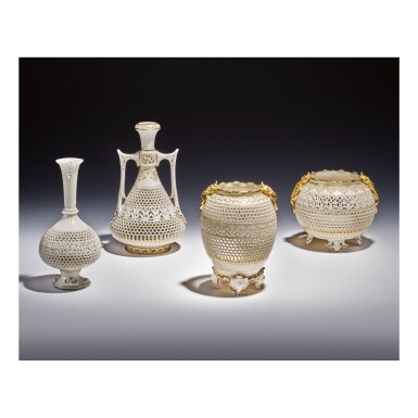 View full screen - View 1 of Lot 200. FOUR ROYAL WORCESTER RETICULATED PORCELAIN VASES BY GEORGE OWEN 1912, 1919, 1923 AND 1929 .