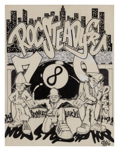 View full screen - View 1 of Lot 19. "Rock Steady Cru 7 8 9", original art By DOZE commissioned by Crazy Legs for the anniversary of The Rocky Steady Crew.