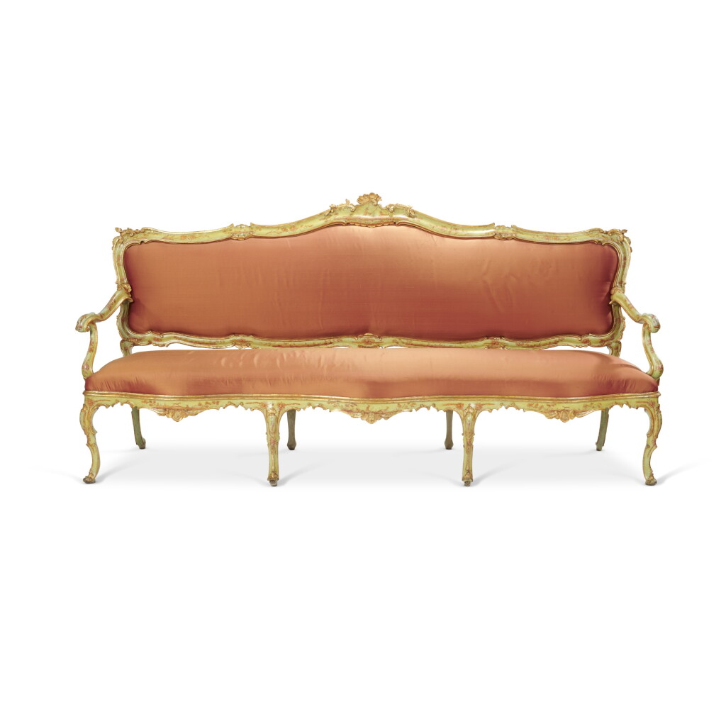 View full screen - View 1 of Lot 147. An Italian giltwood and green-lacquered canapé à châssis, Venice, circa 1760.