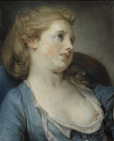 View full screen - View 1 of Lot 62. JEAN-BAPTISTE GREUZE | A GIRL IN A BLUE DRESS, BUST-LENGTH AND LEANING BACK ON A CHAIR.