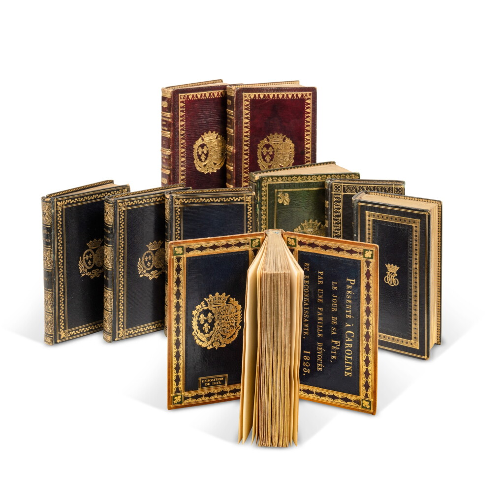 View full screen - View 1 of Lot 489. 6 ouvrages de Nostradamus, Capacoda, Montesquieu, etc., aux armes ou chiffre de la duchesse de Berry..