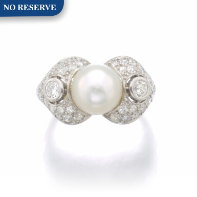 View full screen - View 1 of Lot 121. NATURAL PEARL AND DIAMOND RING.