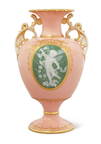 View full screen - View 1 of Lot 95. A Mintons Pâte-Sur-Pâte Salmon-Pink-Ground Two-Handled Vase, Circa 1880.