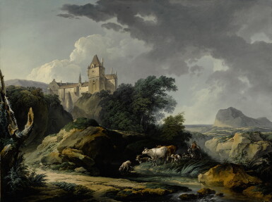 View full screen - View 1 of Lot 253. PHILIPPE JACQUES DE LOUTHERBOURG, R.A. | LANDSCAPE WITH A HERD OF CATTLE, A CASTLE ON A HILL BEYOND, KNOWN AS "MORNING AFTER THE RAIN".
