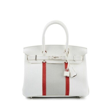 View full screen - View 1 of Lot 1038. Limited Edition Gris Perle, Blanc Clemence, and Sanguine Lizard Club Birkin 30 Palladium Hardware, 2011 .