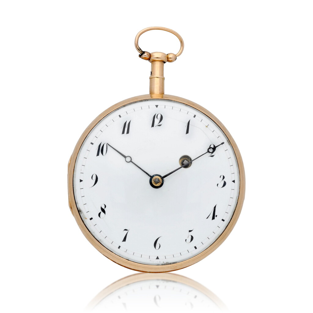 View full screen - View 1 of Lot 92. A gold quarter repeating watch with concealed erotic scene Circa 1800.