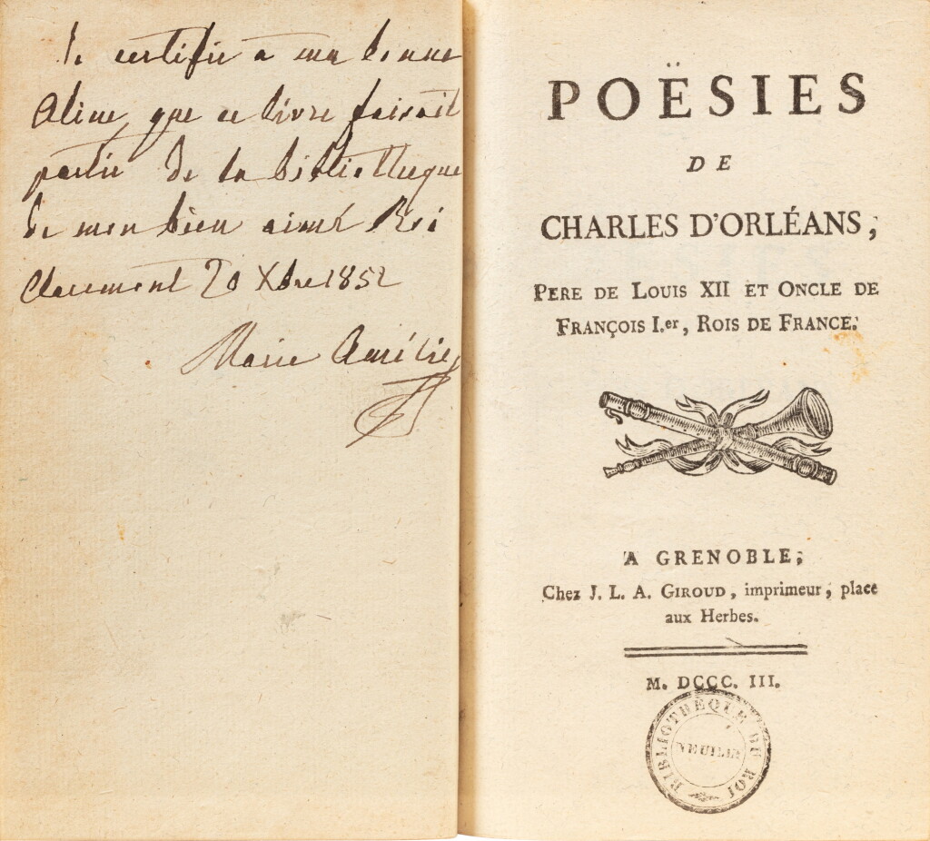 View full screen - View 1 of Lot 110. Poésies de Charles d'Orléans. Grenoble, 1803. Précieux exemplaire aux armes du roi Louis-Philippe. Reliure de Trautz-Bauzonnet. Exemplaire Edouard Rahir..