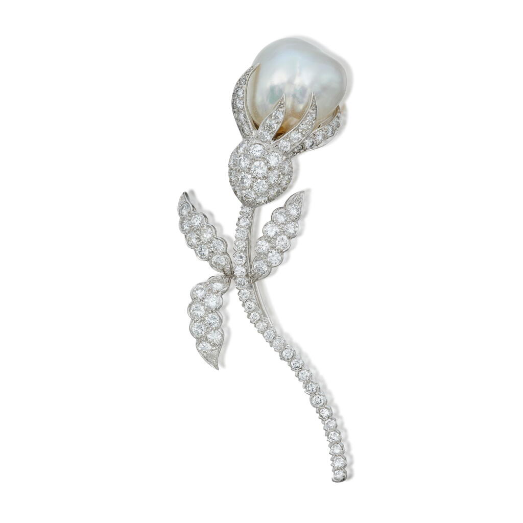 View full screen - View 1 of Lot 226. Cultured Pearl and Diamond Brooch.